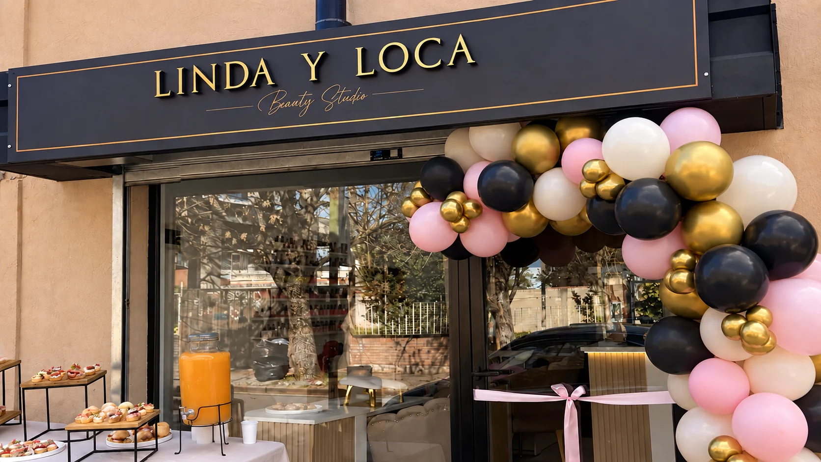 Frente del local de Linda y loca beauty studio, con el cartel y el arco de globos
